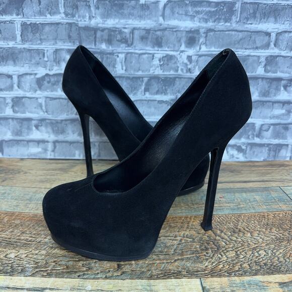 Yves Saint Laurent Tribtoo Black High Heel Suede Shoes Platform Pumps Women 41.5 - Picture 1 of 14